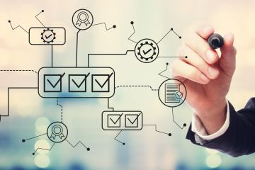 Businessperson drawing a digital checklist workflow with interconnected checkboxes, gears, and certification icons.