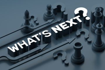 3D chess pieces, arrows, and question marks with 'WHAT'S NEXT?' in bold white text, symbolizing strategy and future decisions.