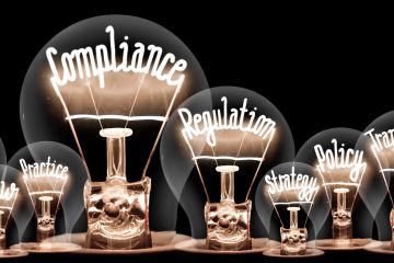 Lightbulbs with words compliance, rule, regulation, policy.
